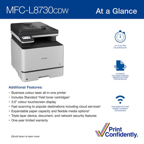 Brother MFC-L8730CDW Business Colour Laser All-in-One Printer with Duplex Print, Scan, Copy, and Wireless Networking