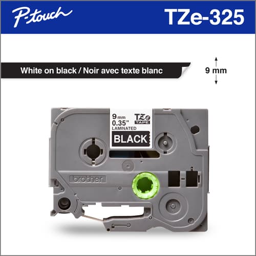 Brother Genuine TZe325 White on Black Laminated Tape for P-touch Label Makers, 9 mm wide x 8 m long