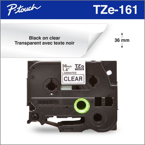 Brother Genuine TZe161 Black on Clear Laminated Tape for P-touch Label Makers, 36 mm wide x 8 m long
