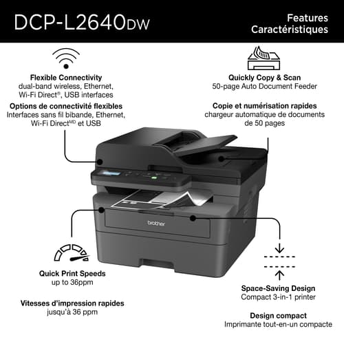 Brother DCP-L2640DW Refurbished Business-Ready Monochrome Multifunction Laser Printer with Print, Copy and Scan, Mobile Printing, 700 Prints In-box with Refresh Subscription Option