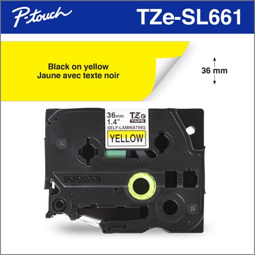 Brother Genuine TZeSL661 Black on Yellow Self-Laminating Tape for P-touch Label Makers, 36 wide x 8 m long
