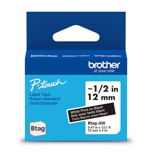 Brother Genuine BTAG335 Non-Laminated Tape for P-touch Label Makers, White on Black – 12 mm wide x 4 m long