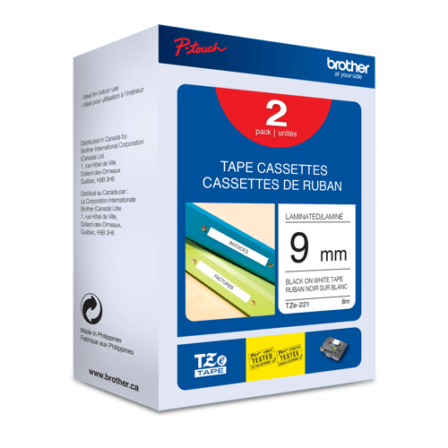 Brother Genuine TZe2212PK Black on White Laminated Tape, 2-Pack for P-touch Label Makers, 9 mm wide x 8 m long