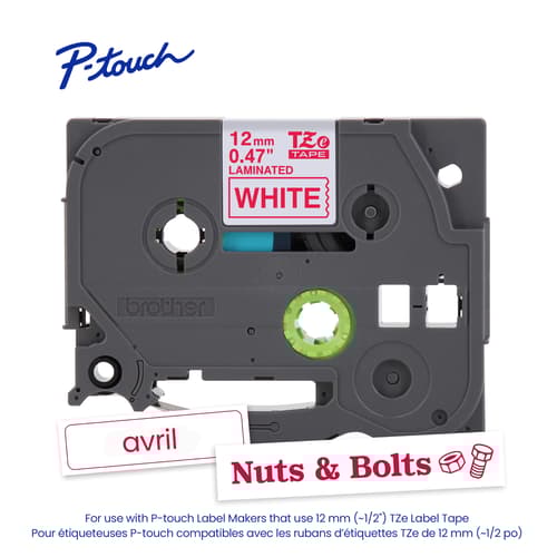 Brother Genuine TZe-232 Red on White Laminated Tape for TZe-compatible P-touch Label Makers, 12 mm wide x 8 m long