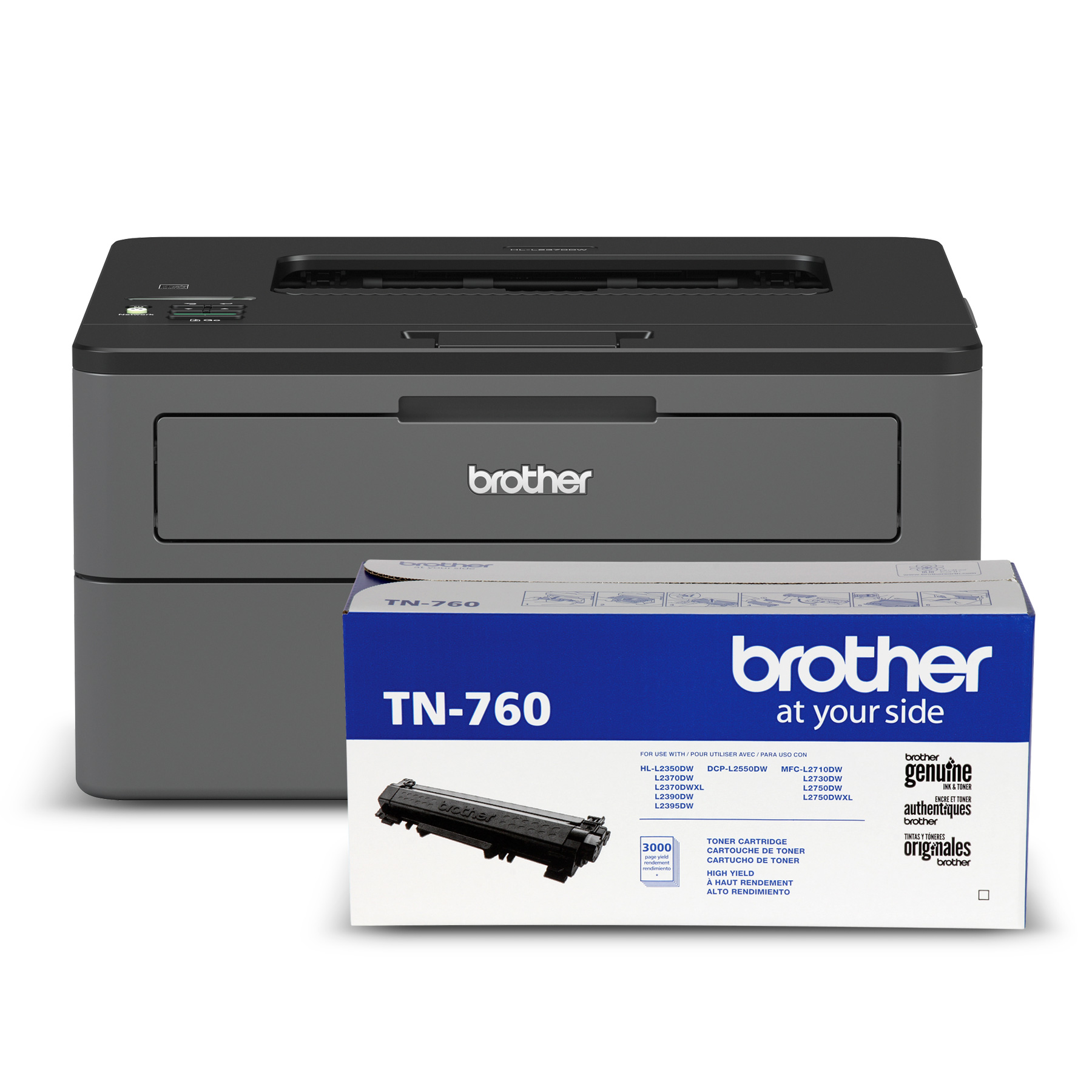 MFC-L2710DW Monochrome Compact Laser All-in-One Printer and TN760 2PK  Genuine High Yield Twin Pack Toner