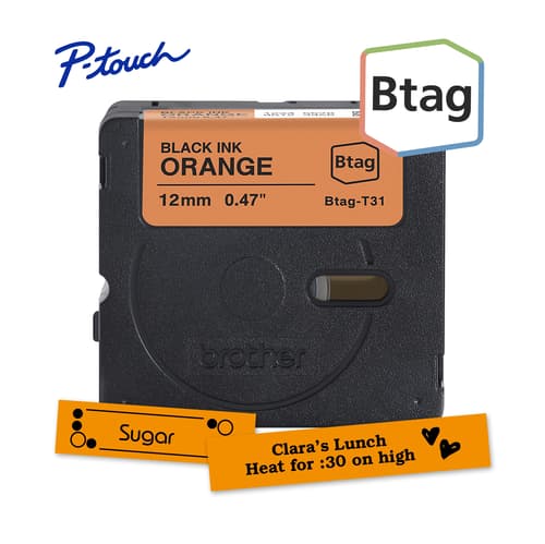 Brother Genuine BTAGT31 Non-Laminated Tape for P-touch Label Makers, Black on Orange – 12 mm wide x 4 m long