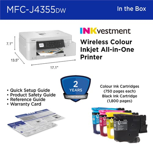 Brother INKvestment MFC-J4355DW Wireless Color Inkjet All-in-One Printer with 1.8” Color Display and Manual Feed Slot