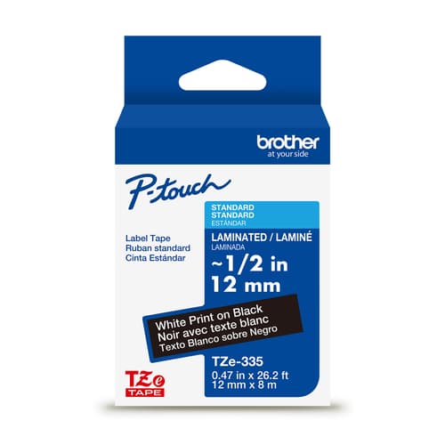 Brother Genuine TZe-335 White on Black Laminated Tape for TZe-compatible P-touch Label Makers, 12 mm wide x 8 m long