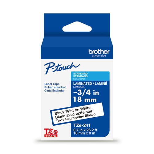 Brother Genuine TZe-241 Black on White Laminated Tape for TZe-compatible P-touch Label Makers, 18 mm wide x 8 m long