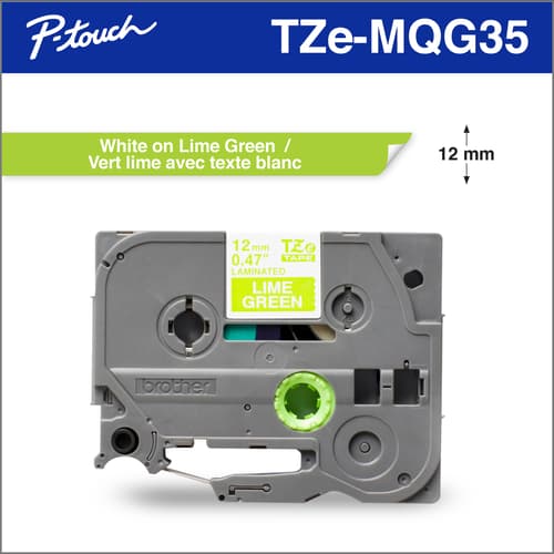 Brother Genuine TZEMQG35 White Print on Lime Green Tape for P-touch Label Makers, 12 mm wide x 5 m long