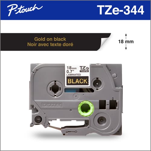 Brother Genuine TZe344 Gold on Black Laminated Tape for P-touch Label Makers, 18 mm wide x 8 m long