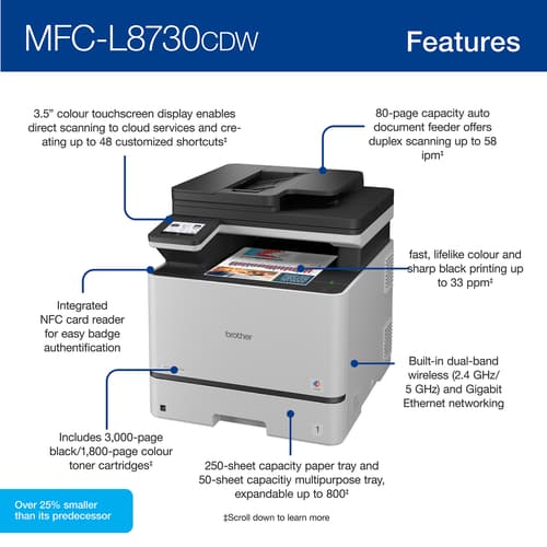Brother MFC-L8730CDW Business Colour Laser All-in-One Printer with Duplex Print, Scan, Copy, and Wireless Networking