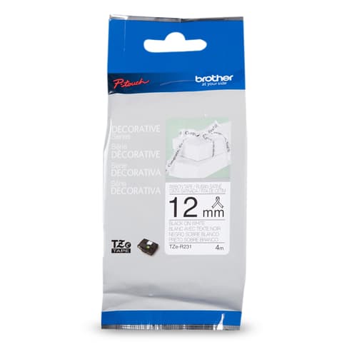 Brother Genuine TZER231 Decorative Black on White Satin Ribbon for P-touch Label Makers, 12 mm wide x 4 m long