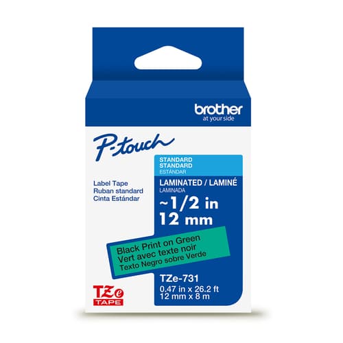 Brother Genuine TZe-731 Black on Green Laminated Tape for TZe-compatible P-touch Label Makers, 12 mm wide x 8 m long