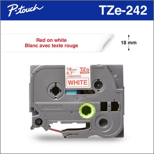 Brother Genuine TZe242 Red on White Laminated Tape for P-touch Label Makers, 18 mm wide x 8 m long