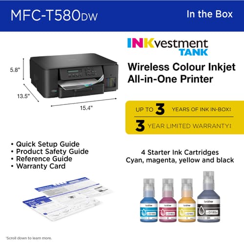 Brother INKvestment Tank MFC-T580DW Wireless Colour Inkjet All-in-One Printer with up to 3 Years of In-Box Ink