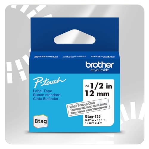 Brother Genuine BTAG135 Non-Laminated Tape for P-touch Label Makers, White on Clear – 12 mm wide x 4 m long