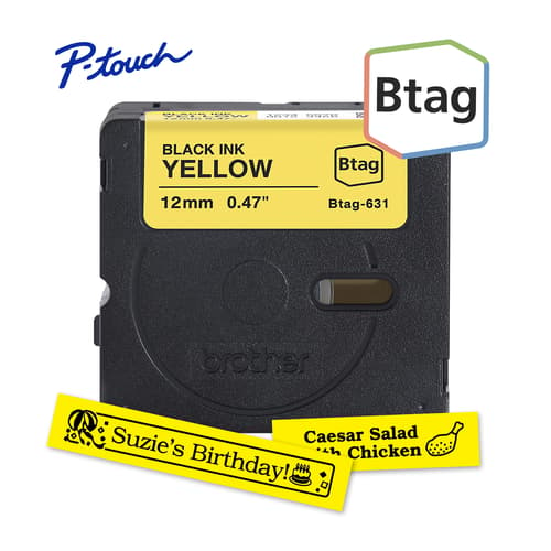 Brother Genuine BTAG631 Non-Laminated Tape for P-touch Label Makers, Black on Yellow – 12 mm wide x 4 m long