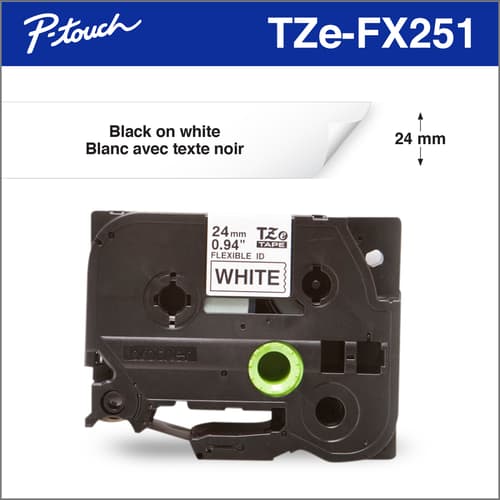 Brother Genuine Tze-FX251 Black on White Flexible ID Laminated Tape for P-touch Label Makers, 24 mm wide x 8 m long