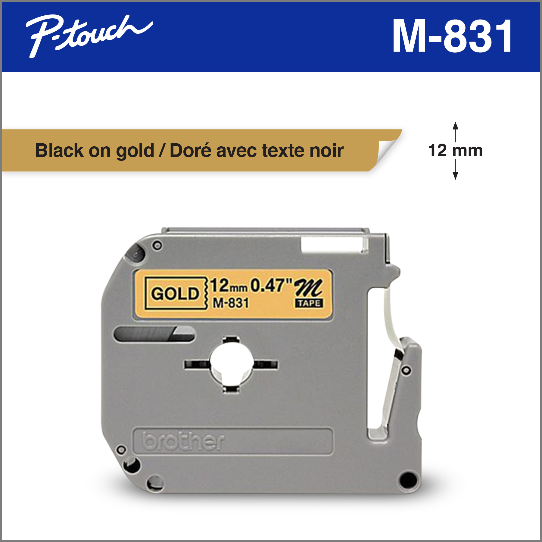 Brother Genuine M831 Black on Gold Non-Laminated Tape for P-touch Label  Makers, 12 mm wide x 8 m long