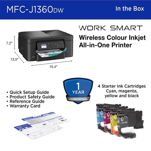 Brother Work Smart MFC-J1360DW Wireless Colour Inkjet All-in-One Printer with Automatic Duplex Printing and 1.8” Colour Display