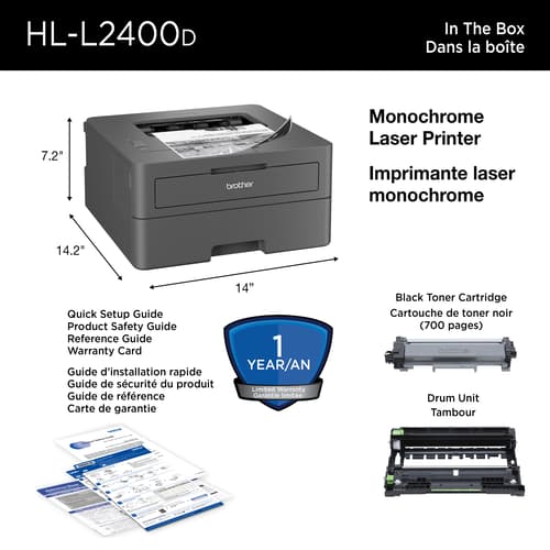 Brother HL-L2400D Home Office-Ready Monochrome Laser Printer with up to 700 Prints In-box