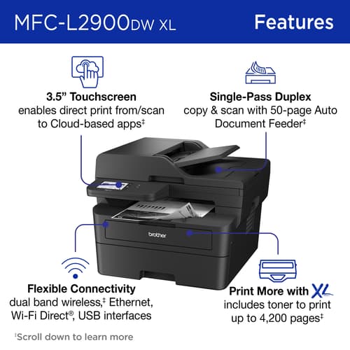 Brother Wireless MFC- L2900DW XL Compact Monochrome All-in-One Laser Printer with up to 4,200 pages(1) of toner included, Single Pass Duplex Copy and Scan, Fax, Mobile Printing