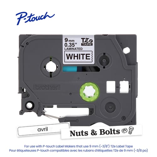 Brother Genuine TZe-221 Black on White Laminated Tape for TZe-compatible P-touch Label Makers, 9 mm wide x 8 m long