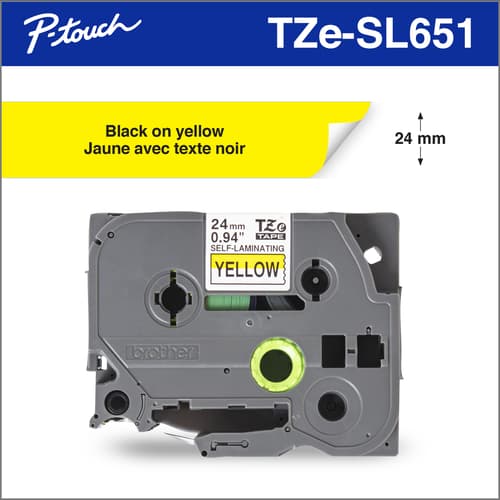 Brother Genuine TZeSL651 Black on Yellow Self-Laminating Tape for P-touch Label Makers, 24 wide x 8 m long