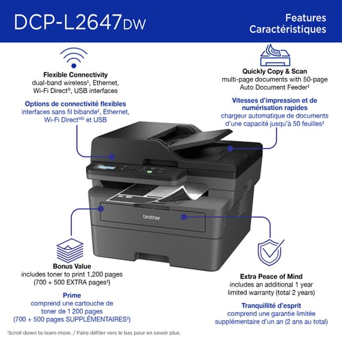 Brother DCP-L2647DW Wireless Compact Monochrome Multi-Function Laser Printer with Print, Copy and Scan, Duplex and Mobile Printing
