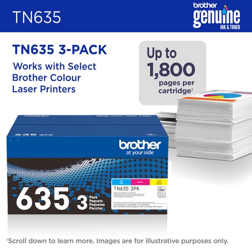 Brother Genuine TN6353PK 3-Pack of Standard Yield Cyan, Magenta, and Yellow Toner Cartridges
