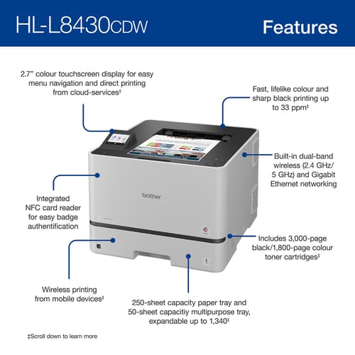 Brother HL-L8430CDW Business Colour Laser Printer with Low-Cost Printing and Wireless Networking