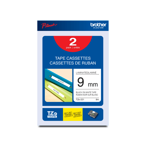 Brother Genuine TZe2212PK Black on White Laminated Tape, 2-Pack for P-touch Label Makers, 9 mm wide x 8 m long