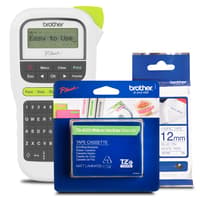 Brother PTH110 label maker with lime green TZEMQG35 and white cloth TZEFA3 tapes bundle