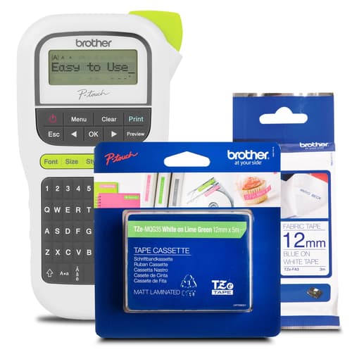 Brother PTH110 label maker with lime green TZEMQG35 and white cloth