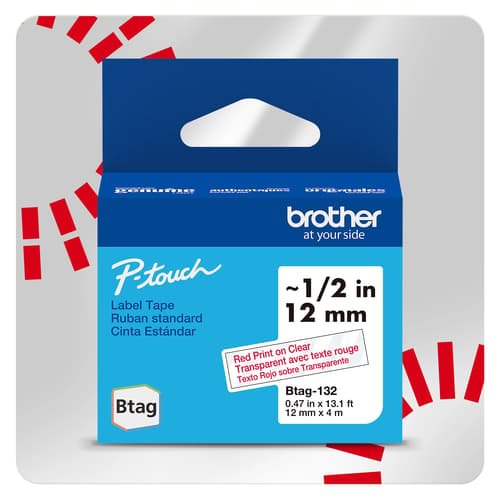 Brother Genuine BTAG132 Non-Laminated Tape for P-touch Label Makers, Red on Clear – 12 mm wide x 4 m long