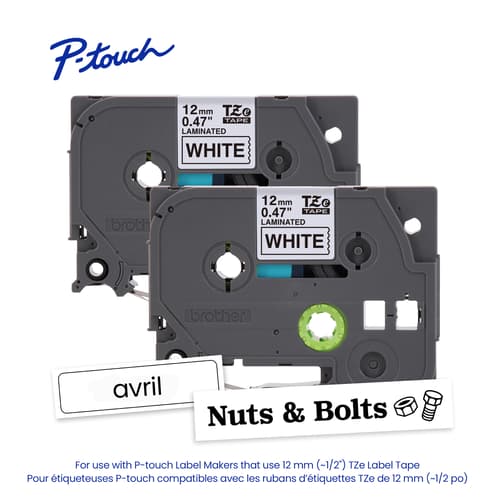 Brother Genuine TZe-2312PK Black on White Laminated Tape 2-Pack for Select P-touch Label Makers, 12 mm wide x 8 m long