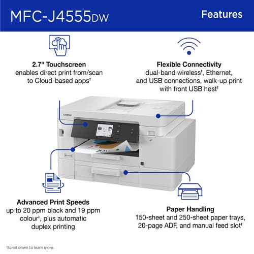 Brother INKvestment MFC-J4555DW Wireless Colour Inkjet All-in-One Printer with 2.7” Colour Touchscreen and 2 Paper Trays