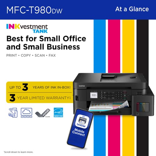 Brother INKvestment Tank MFC-T980DW Wireless and Ethernet Colour Inkjet All-in-One Printer with Multipurpose Tray