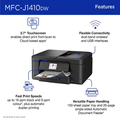 Brother Work Smart MFC-J1410DW Wireless Colour Inkjet All-in-One Printer with 2.7” Colour Touchscreen & Auto Duplex Printing