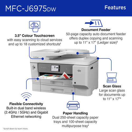 Brother MFC-J6975DW Business Colour Inkjet All-in-One Printer with 11” x 17” Print, Copy, Scan, Fax, Low-Cost Printing, and Advanced Security Features