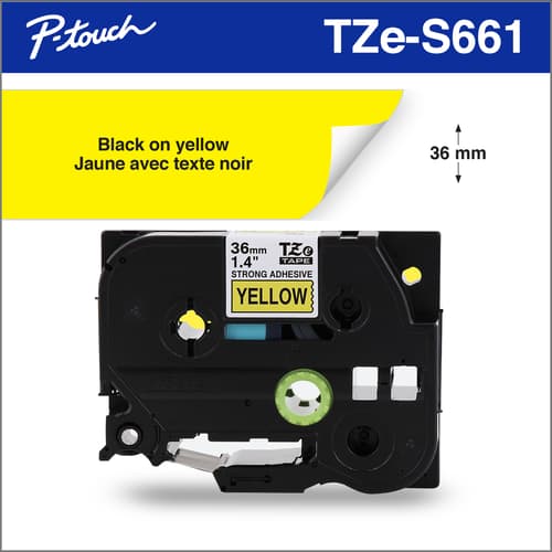 Brother Genuine TZe-S661 Black on Yellow Extra Strength Adhesive Tape for P-touch Label Makers, 36 mm wide x 8 m long