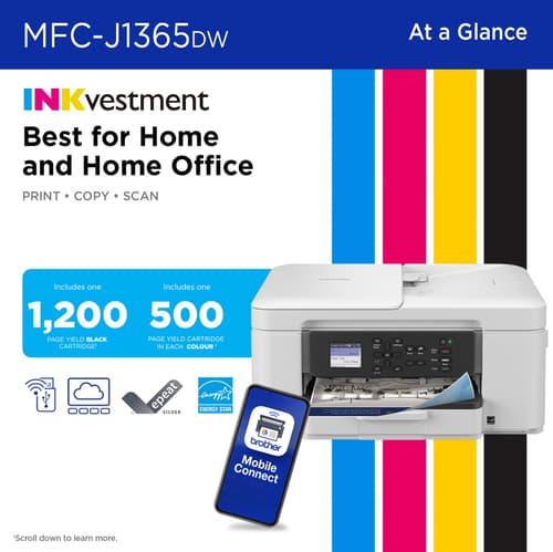 Brother INKvestment MFC-J1365DW Wireless Colour Inkjet All-in-One Printer with Auto Duplex Printing and 1.8” Colour Display