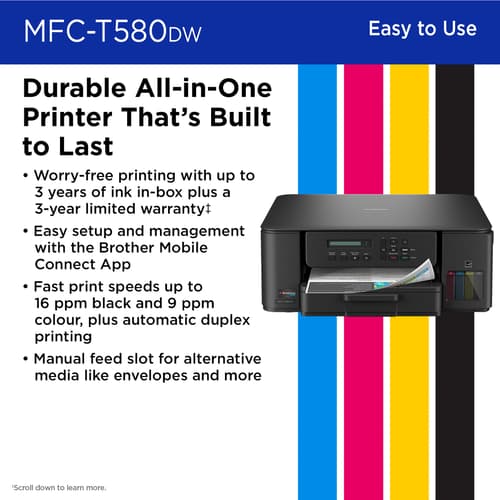 Brother INKvestment Tank MFC-T580DW Wireless Colour Inkjet All-in-One Printer with up to 3 Years of In-Box Ink