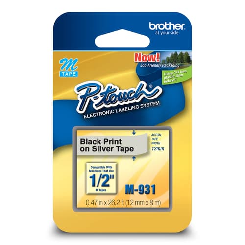 Brother Genuine M931 Black on Silver Non-Laminated Tape for P-touch Label Makers, 12 mm wide x 8 m long