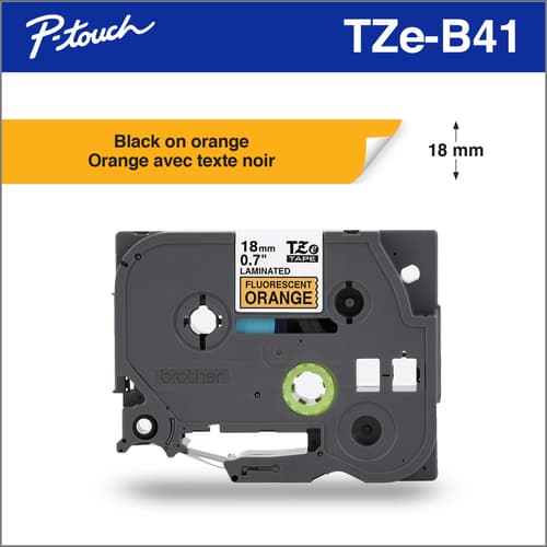 Brother Genuine TZeB41 Black on Fluorescent Orange Laminated Tape for P-touch Label Makers, 18 mm wide x 5 m long