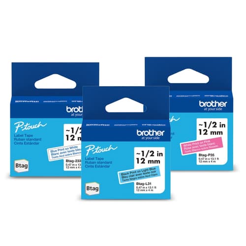 Brother Genuine BTAG 3-pack Non-Laminated Tape for P-touch Label Makers, Cloud Nine Collection White on Pink, Blue on White, Black on Light Blue – 12 mm wide x 4 m long