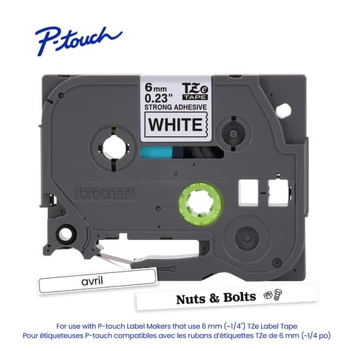 Brother Genuine TZe-S211 Black on White Extra-Strength Laminated Tape for P-touch Label Makers, 6 mm wide x 8 m long