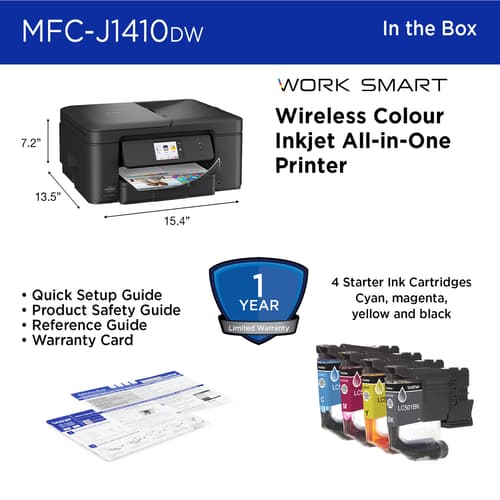 Brother Work Smart MFC-J1410DW Wireless Colour Inkjet All-in-One Printer with 2.7” Colour Touchscreen & Auto Duplex Printing