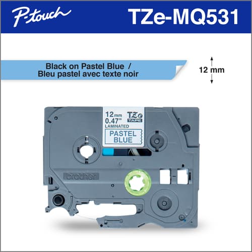 Brother Genuine TZeMQ531 Black Print on Pastel Blue Tape for P-touch Label Makers, 12 mm wide x 5 m long